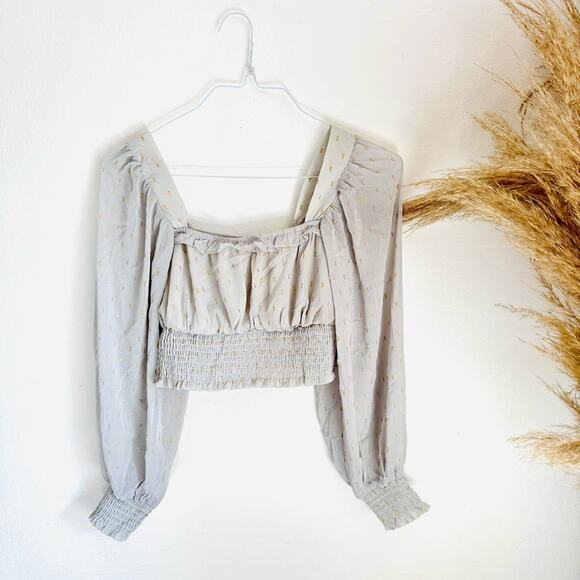 NEW BY THE RIVER Grey Gold Metallic Polka Dot Long Sleeve $88 Crop Top Blouse S - Picture 3 of 16